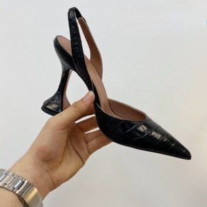NEW BLACK SLINGBACK CROCODILE LEATHER PUMPS HOURGLASS HEELS SIZE 10 / EU 42